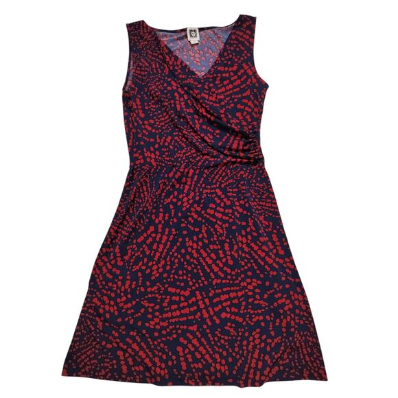 Anne Klein women blue red casual sleeveles stretch belted faux wrap dress size S - Picture 2 of 12